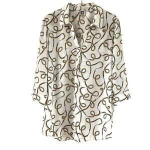 Anne Klein Women's Shirt Top L Cream Nautical Rope Chain Print 3/4 Sleeve
